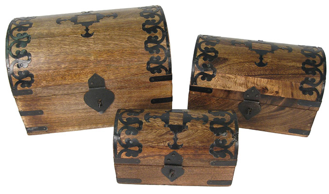 Set Of 3 Wooden Chest Boxes Metal Decoration